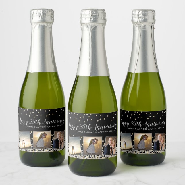 Elegant Confetti Photo Collage 25th Anniversary Sparkling Wine Label (Bottles)