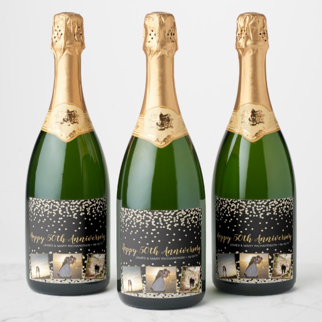 Elegant Confetti Photo Collage 50th Anniversary Sparkling Wine Label (Bottles)