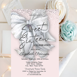 Elegant Confetti White Bow Pink Sweet 16 Invitation