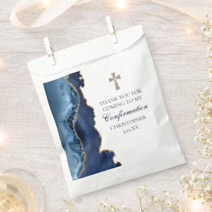 Elegant Confirmation Cross Navy Blue Gold Agate Favour Bags