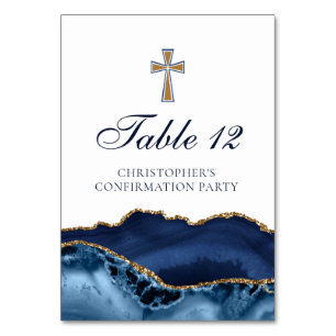 Elegant Confirmation Cross Navy Blue Gold Agate Table Number