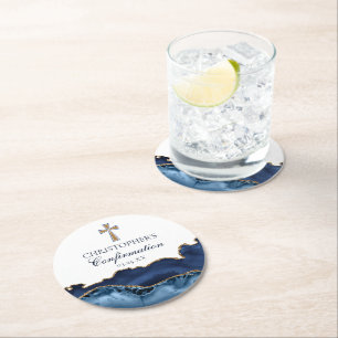 Elegant Confirmation Cross Navy Blue Gold Party Round Paper Coaster
