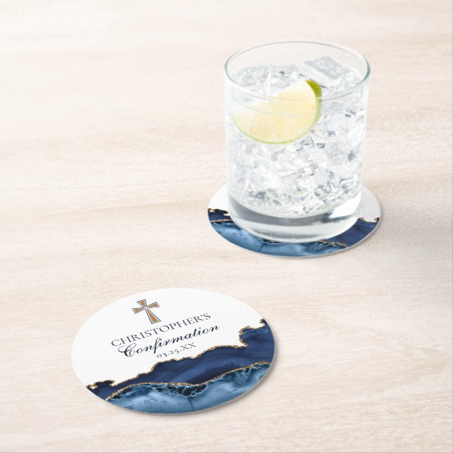 Elegant Confirmation Cross Navy Blue Gold Party Round Paper Coaster (Insitu)