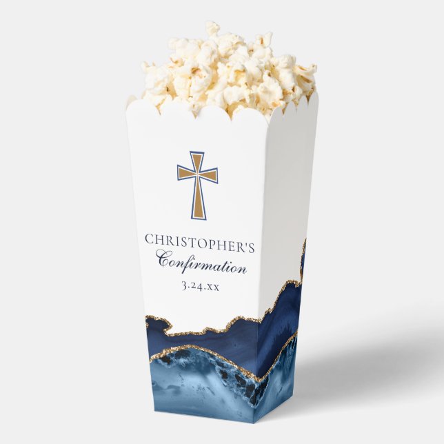 Elegant Confirmation Cross Navy Blue Gold Popcorn Favour Box (Popped)