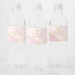 Elegant Confirmation Cross Pink Gold Agate Custom Water Bottle Label