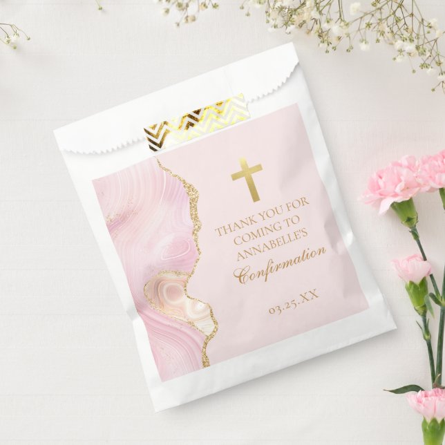 Elegant Confirmation Cross Pink Gold Agate Party Favour Bags (Sealed)