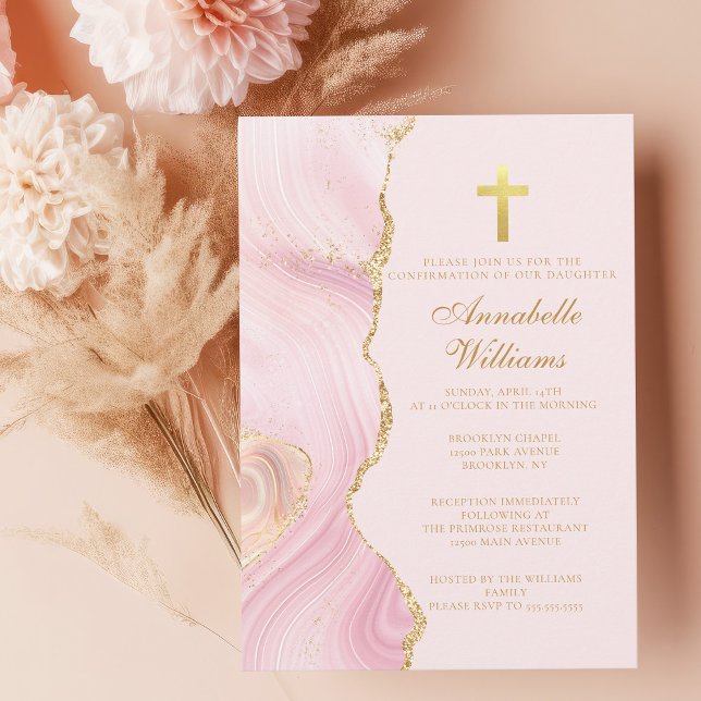 Elegant Confirmation Cross Pink Gold Agate Party Invitation (Creator Uploaded)