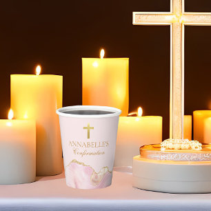 Elegant Confirmation Cross Pink Gold Agate Party Paper Cups