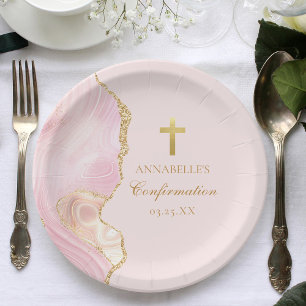 Elegant Confirmation Cross Pink Gold Custom Party Paper Plate