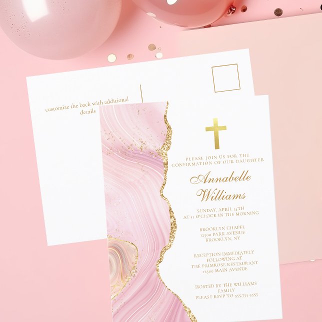 Elegant Confirmation Cross Pink Gold Invitatation Postcard (Creator Uploaded)
