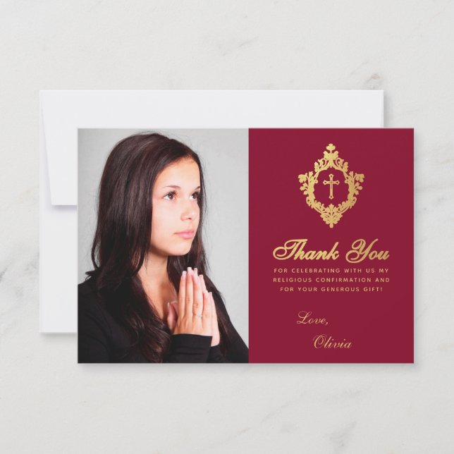 Elegant Confirmation Girl Burgundy Faux Gold Crest Thank You Card (Front)
