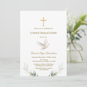 Elegant Confirmation Gold Cross Dove Sage Greenery Invitation