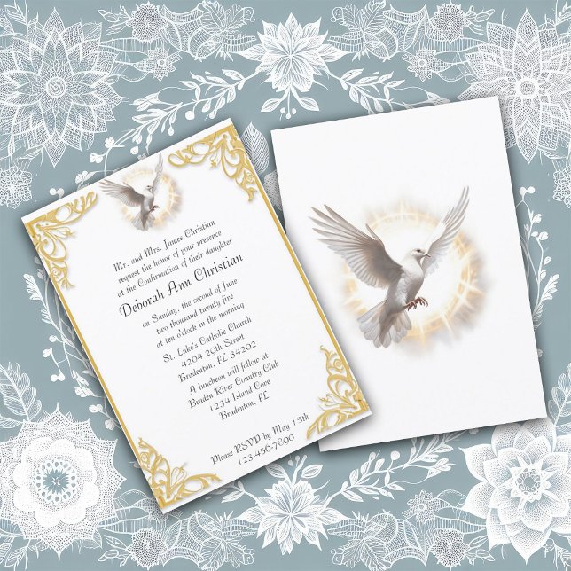 Elegant Confirmation Gold Frame Dove Design Invitation (Creator Uploaded)