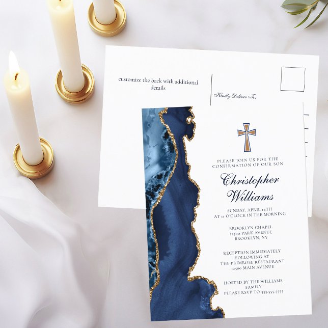 Elegant Confirmation Navy Blue Gold Invitation Postcard (Creator Uploaded)