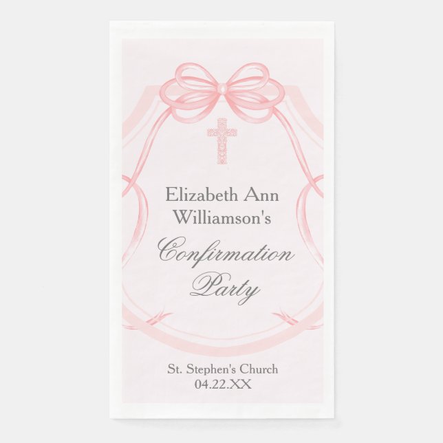 Elegant Confirmation Party Pink Bow Ribbon Custom Napkin (Front)