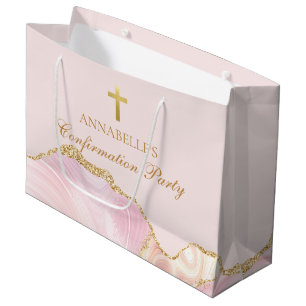Elegant Confirmation Pink Gold Christian Cross Large Gift Bag