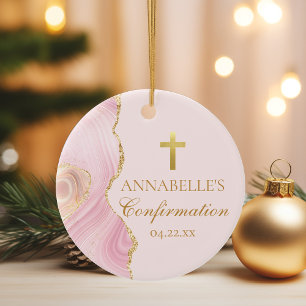 Elegant Confirmation Pink Gold Custom Keepsake Ceramic Tree Decoration