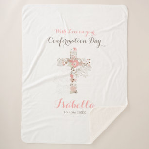 Elegant confirmation white floral cross name sherpa blanket