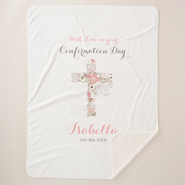 Elegant confirmation white floral cross name  sherpa blanket (Front)