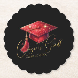 Elegant Congrats Grad Artwork in Red, Gold & Black Paper Coaster