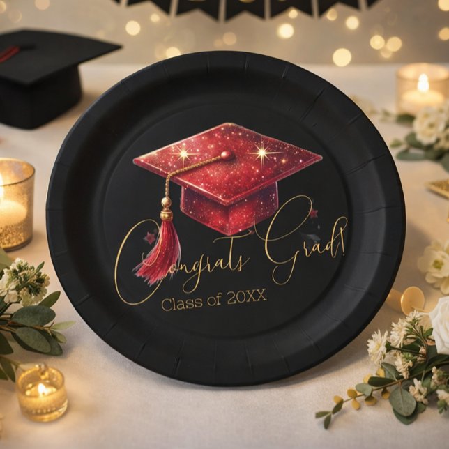 Elegant Congrats Grad Artwork in Red, Gold & Black Paper Plate (Creator Uploaded)