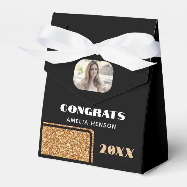 Elegant Congrats Graduate Gold Glitter Photo  Favour Box (Front Side)