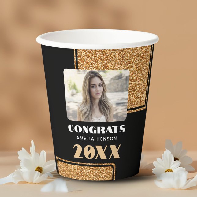 Elegant Congrats Graduate Gold Glitter Photo  Paper Cups (Creator Uploaded)