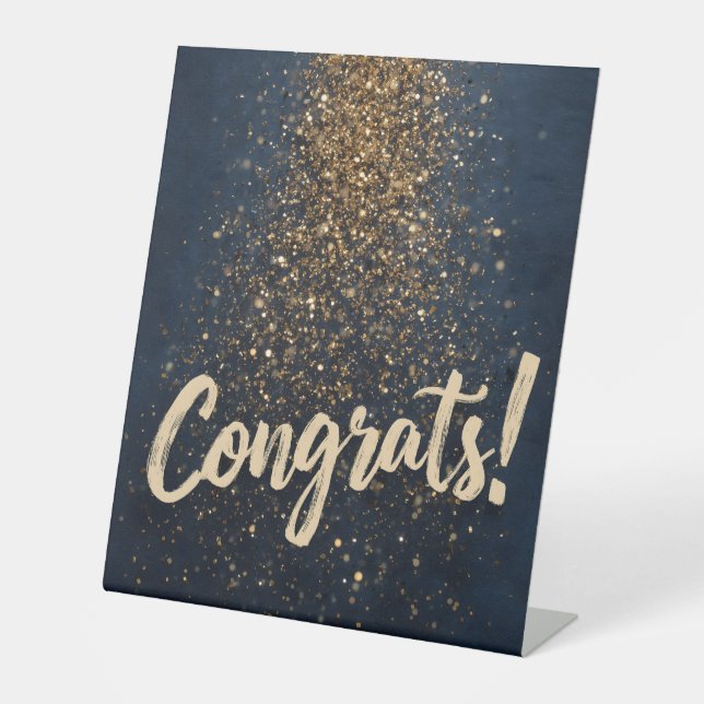 Elegant "Congrats!" Greeting with Golden Confetti Pedestal Sign (Front)