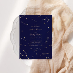 Elegant Constellation Blue And Gold Wedding Invitation