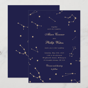 Elegant Constellation Blue And Gold Wedding Invitation