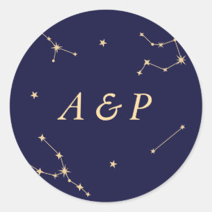 Elegant Constellation Blue Wedding Monogram Classic Round Sticker