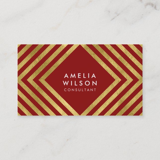 Elegant Consultant Red Faux Gold Square Lines Business Card (Front)