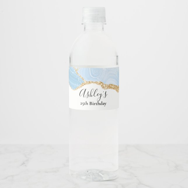 Elegant Cool Blue Agate and Gold Glitter Birthday Water Bottle Label (Front)