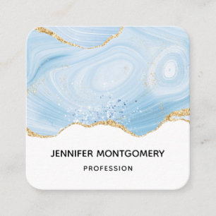 Elegant Cool Blue Agate and Gold Glitter Border Square Business Card