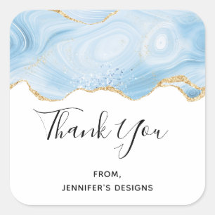 Elegant Cool Blue Agate and Gold Glitter Border Square Sticker
