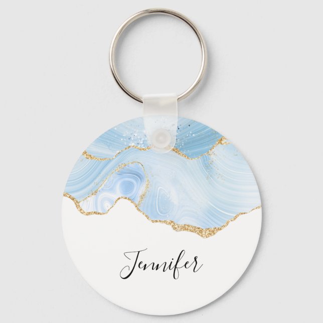 Elegant Cool Blue Agate and Gold Glitter Ribbon Key Ring (Front)