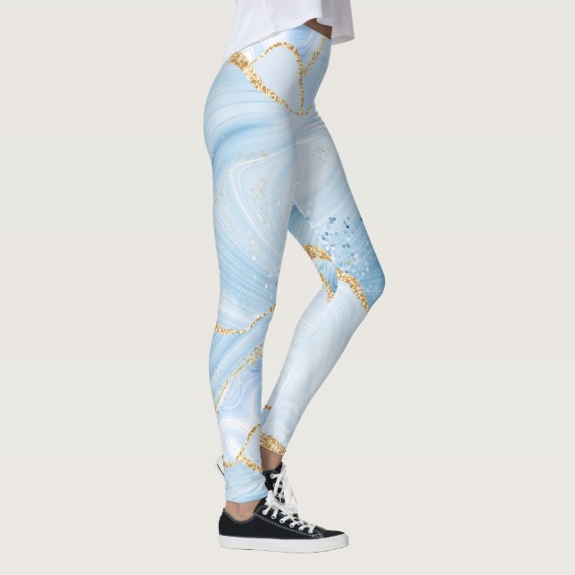 Elegant Cool Blue Agate and Gold Glitter Ribbon Leggings (Right)