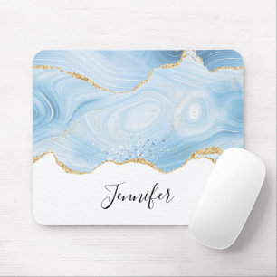 Elegant Cool Blue Agate and Gold Glitter Ribbon Mouse Mat
