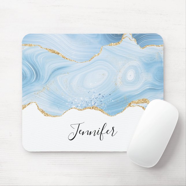  Elegant Cool Blue Agate and Gold Glitter Ribbon Mouse Mat (With Mouse)