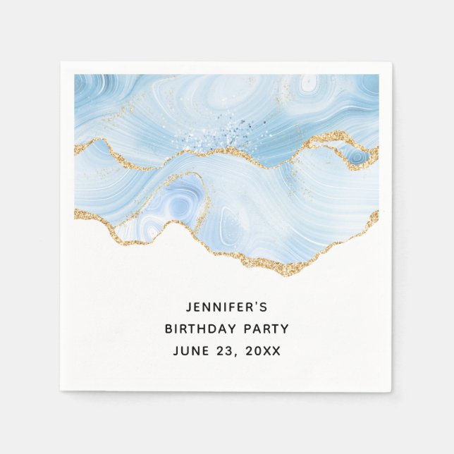 Elegant Cool Blue Agate and Gold Glitter Ribbon Napkin (Front)