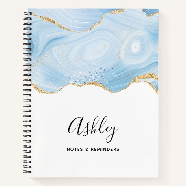 Elegant Cool Blue Agate and Gold Glitter Ribbon Notebook (Front)
