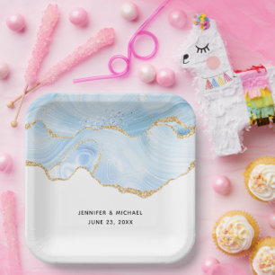 Elegant Cool Blue Agate and Gold Glitter Ribbon Paper Plate