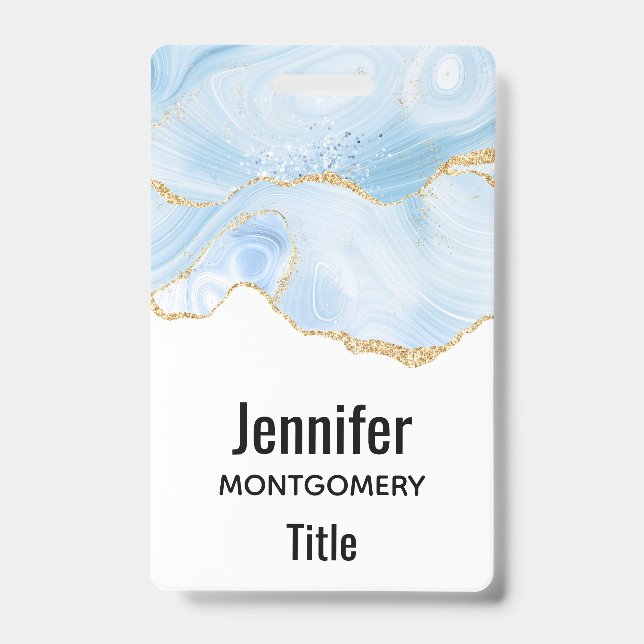 Elegant Cool Blue Agate with Gold Glitter Ribbon ID Badge (Front)
