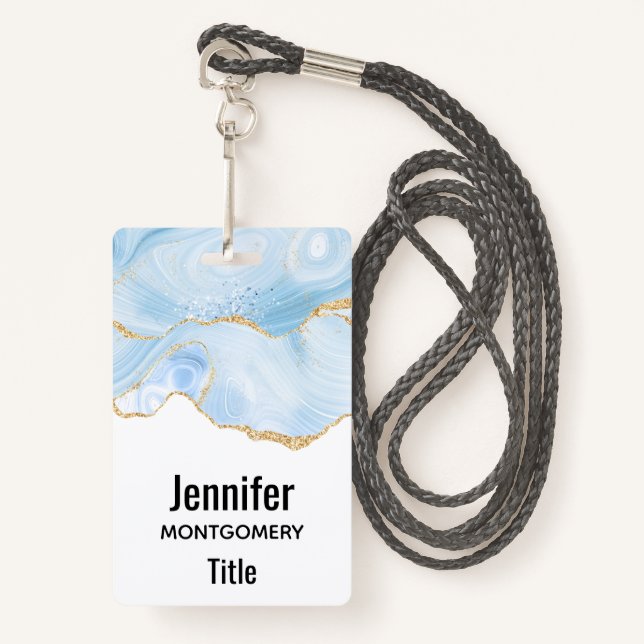 Elegant Cool Blue Agate with Gold Glitter Ribbon ID Badge (Front with Lanyard)