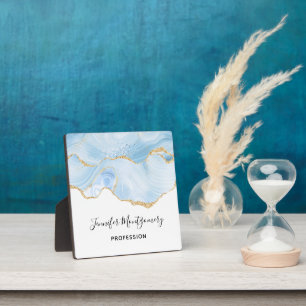 Elegant Cool Blue Agate with Gold Glitter Ribbon Plaque