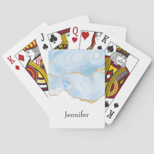 Elegant Cool Blue Agate with Gold Glitter Ribbon Playing Cards