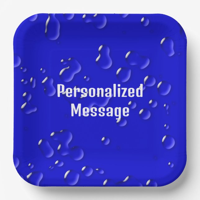 Elegant Cool Personalised Blue White Rain Drops Paper Plate (Front)
