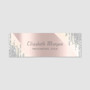 Elegant Cool Silver Glitter Drips Rose Gold Name Tag