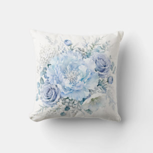 Elegant Cool Winter Blue & White Floral Bouquet Cushion