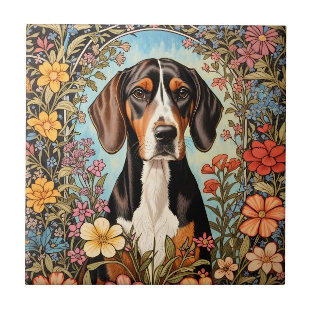 Elegant Coonhound Colorful Floral Tile (Front)